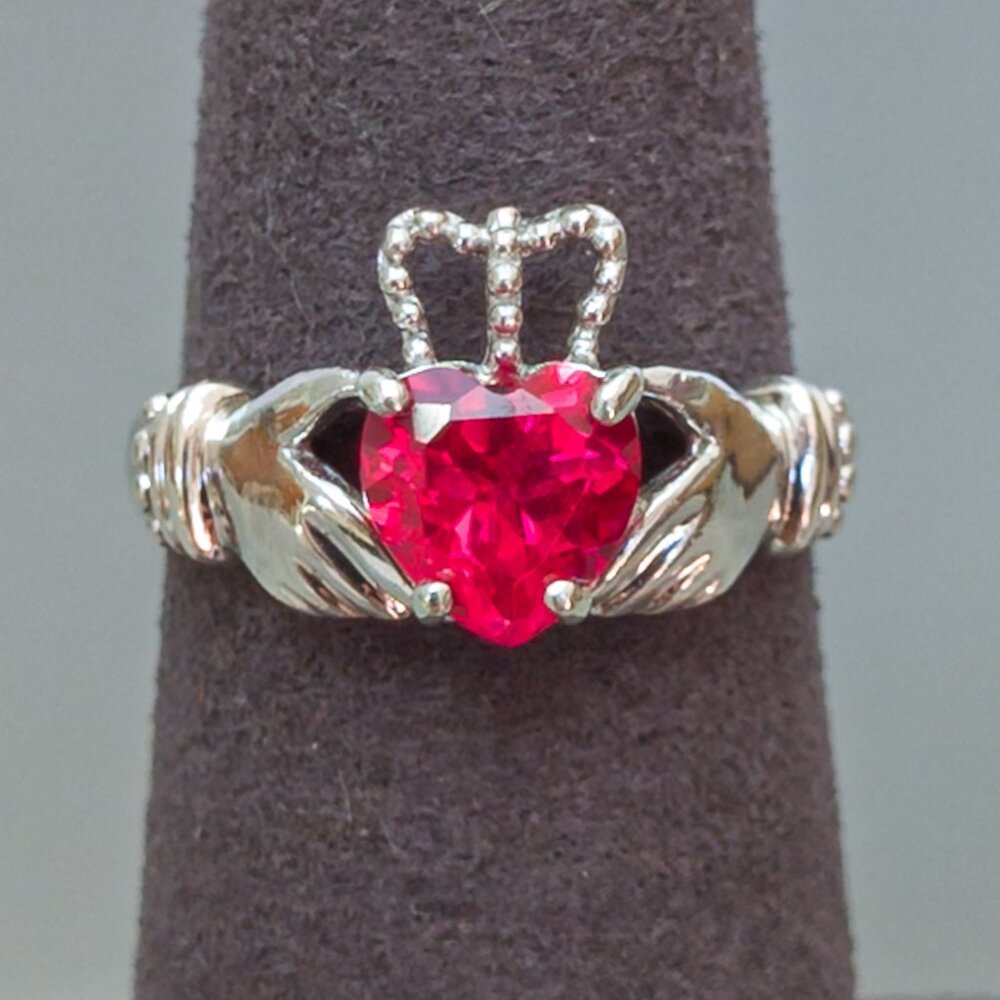 Lorenzo Sterling Silver Claddagh Ring with Synthetic Ruby Heart – Size 7